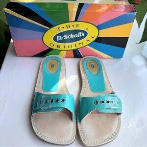 Nwt Vintage Dr Sholl's Turquoise Patent Leather Slip-on Sandals Clear Sole